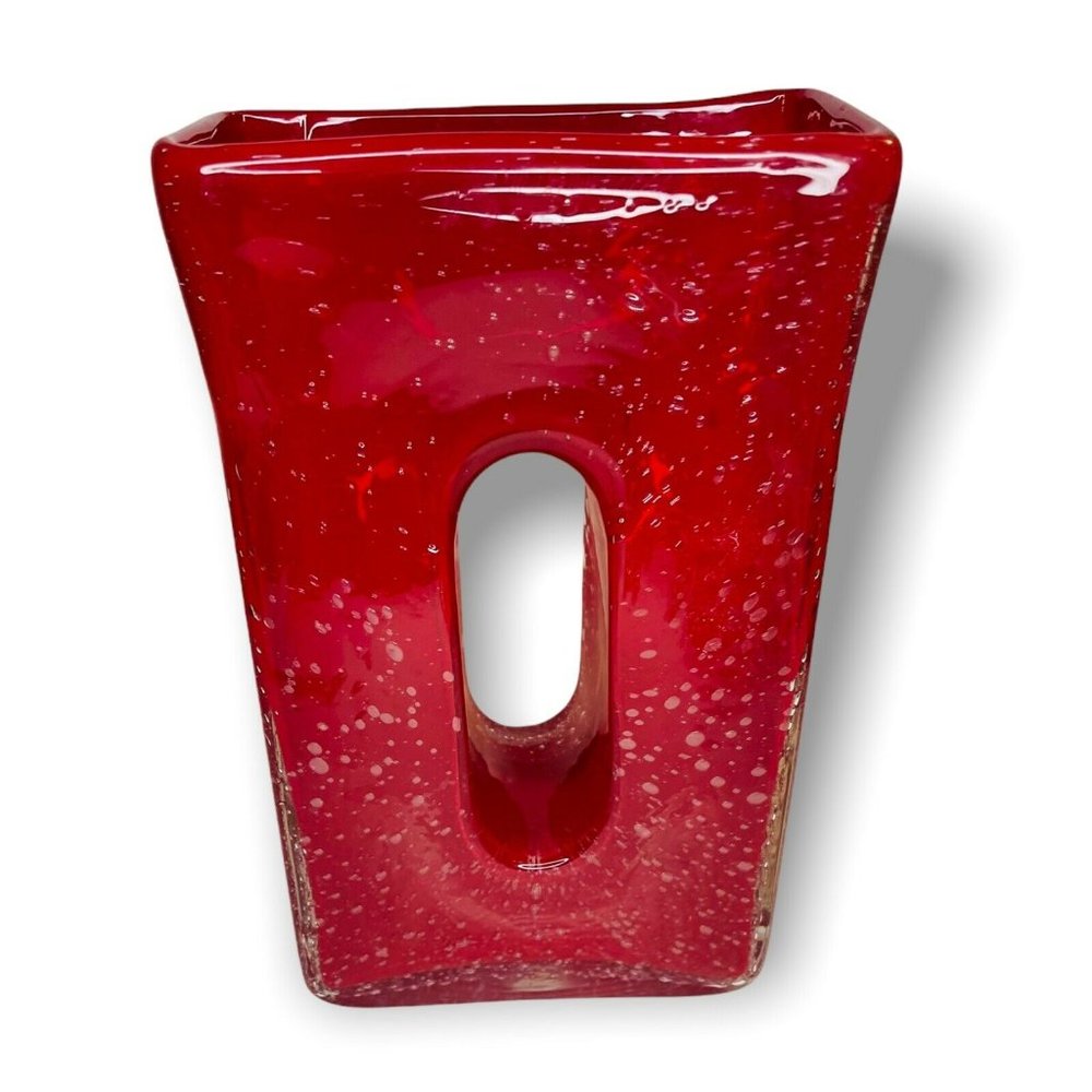 Hand Blown Art Glass Bubble Red Rectangle Donut Vase HEAVY